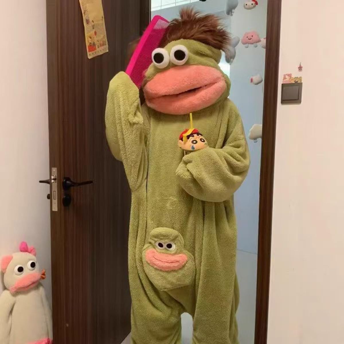 EHOTER Silly Combinaison pyjama unisexe à capuche en peluche ultra douce pour adulte - Vêtement d'intérieur vert - Monstre amusant à grande bouche - Vêtement d'intérieur pour soirées cinéma, famille
