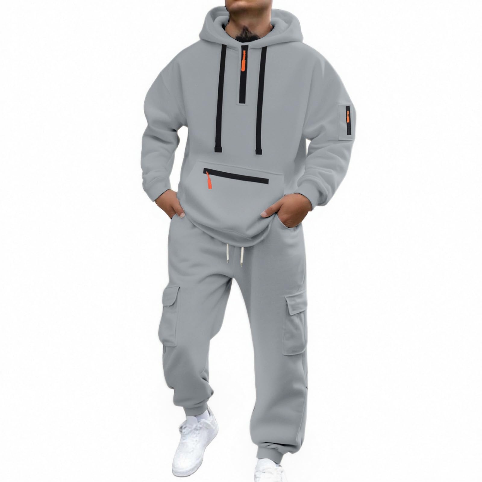 Set da jogging da uomo, 2 pezzi, felpa da jogging in maglia autunnale, morbida, sportiva, con scollo rotondo, tasche, calda, traspirante, confortevole, leggero, allenamento A110