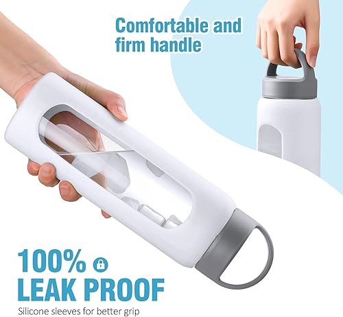 Miniatura 4 de Botella de agua de vidrio de 24 onzas, vaso de vidrio con popote, botellas reutilizables con 2 tapas con tapa con asa y tapa de popote de bambú,