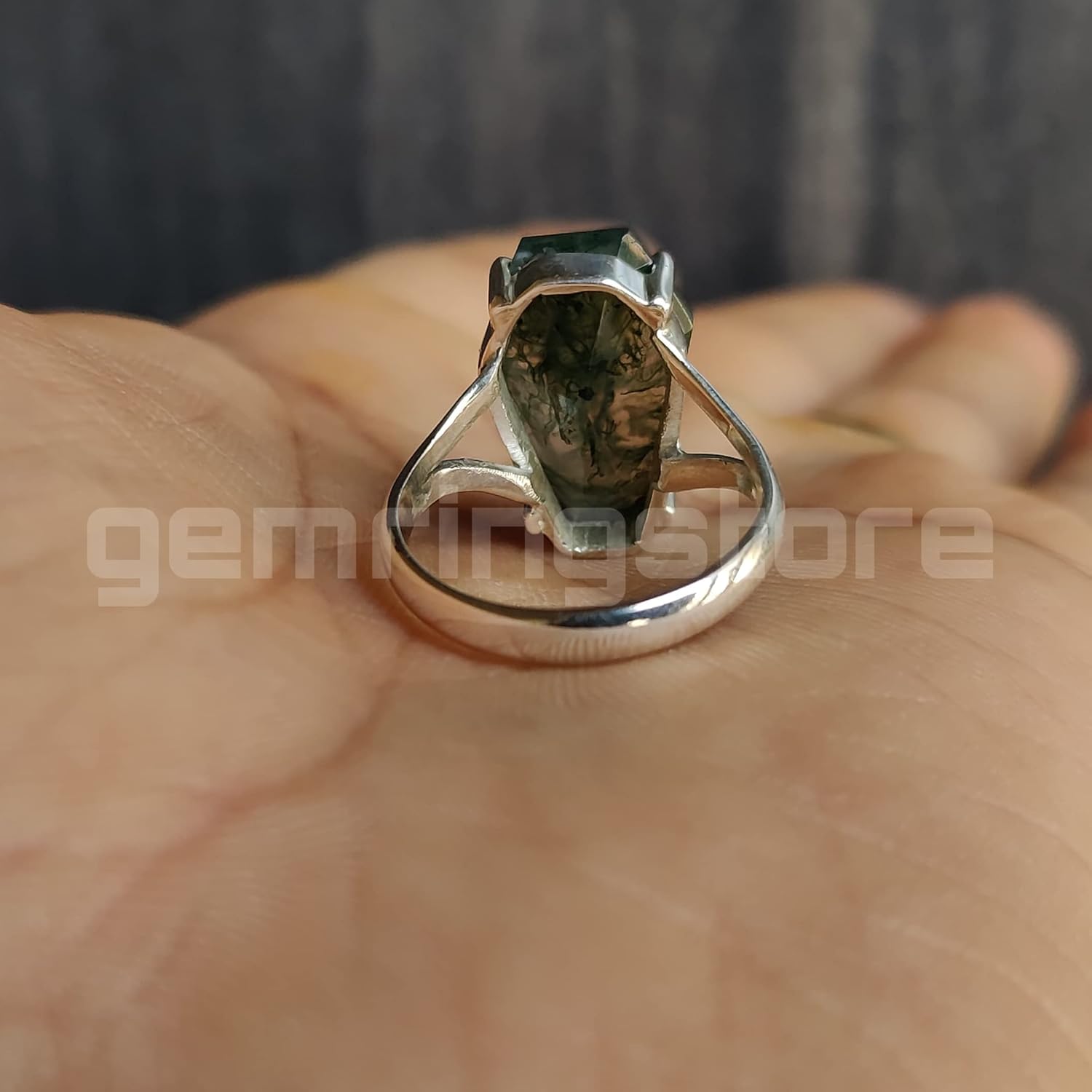 Sterling Silver Coffin Shape Moss Agate Ring - Gift for Her