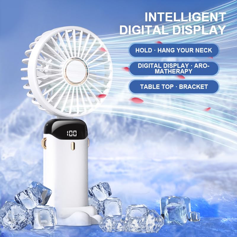 Image of Handheld Fan, 4200mAh Portable Mini Fan, USB Rechargeable 5 Speeds Desk Fan with LED Display for Travel, Outdoor, Home, Office, School, Camping (White)