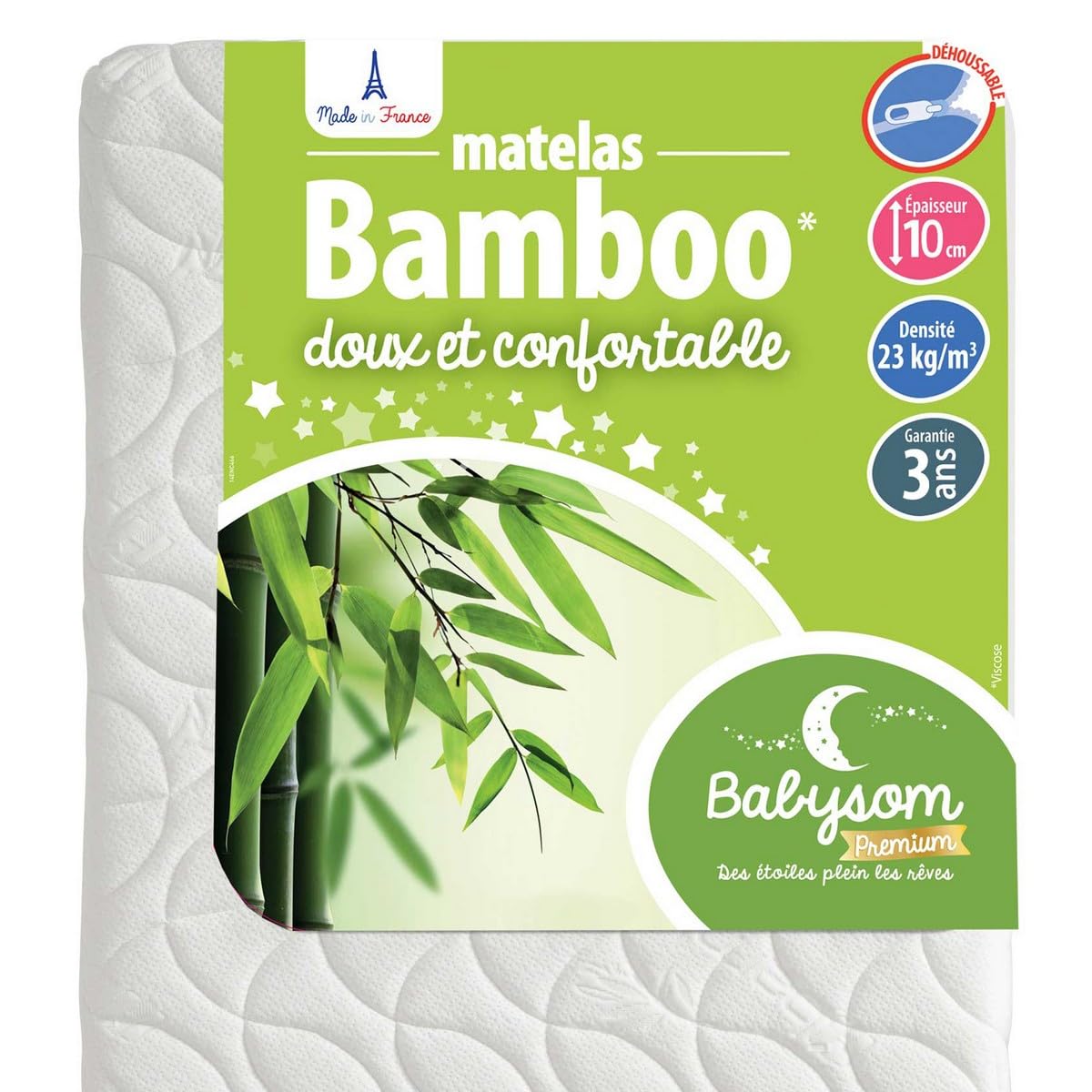 Babysom - Materac dziecięcy Bamboo - 60x120 cm | Ultra miękka w dotyku wiskoza | Przewiewna i chłonna | bez obróbki chemicznej | Grubość 10 cm | Zdejmowany | OEKO-TEX | Wyprodukowano we Francji
