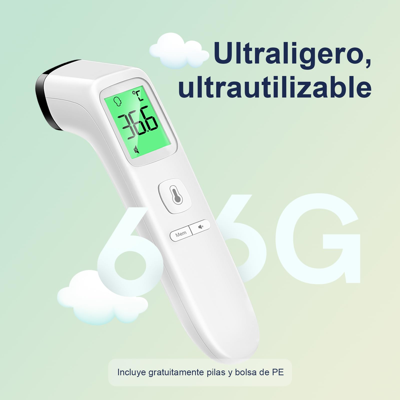 Viproud Termómetro digital infrarrojo sin contacto para frente, retroiluminación de tres colores, medición precisa, alarma de fiebre, apto para bebés, niños y adultos (blanco)