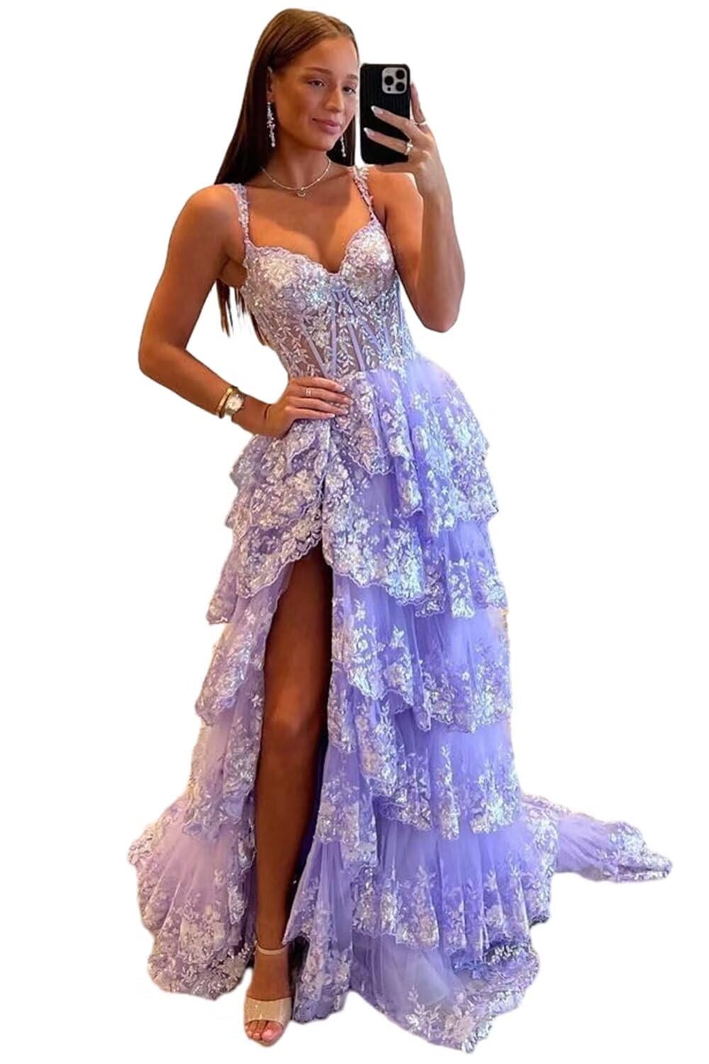 Wchecalino Sparkly Tiered Lace Tulle Prom Dresses