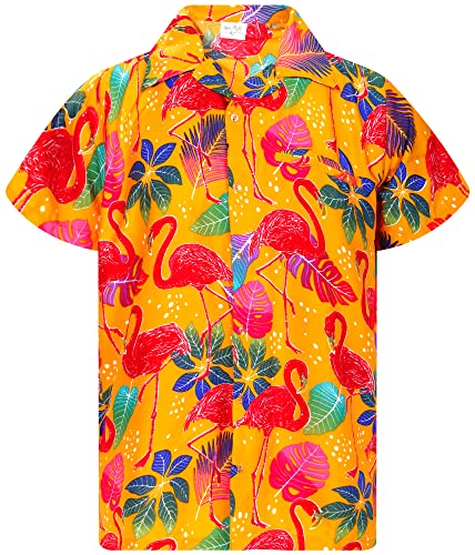 King Kameha Funky Camisa-Hawaiana, Manga-Corta, Funky-Flamingos, Amarillo, XL