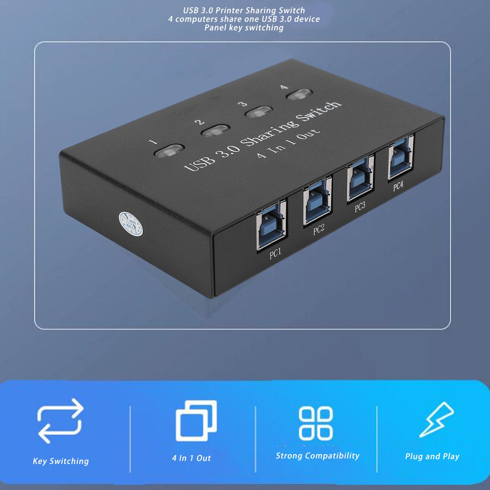 Jectse Switch per Condivisione Stampante USB 3.0, Commutatore Manuale 4 in 1 Uscita per Computer, con Connessione Stabile per più Sistemi Operativi e OS X