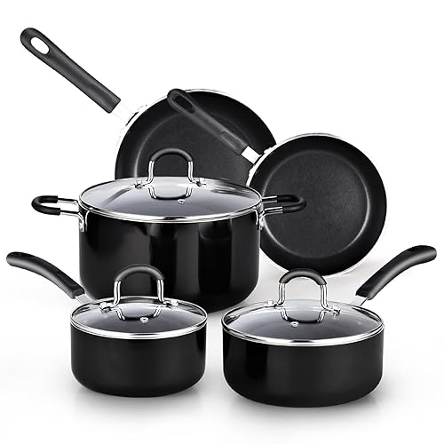 Cook N Home Pots and Pans Nonstick Kitchen Cookware Sets include Saucepan Frying Pan Stockpots 8-Piece, Heavy Gauge, Stay Cool Handle, Black - Black