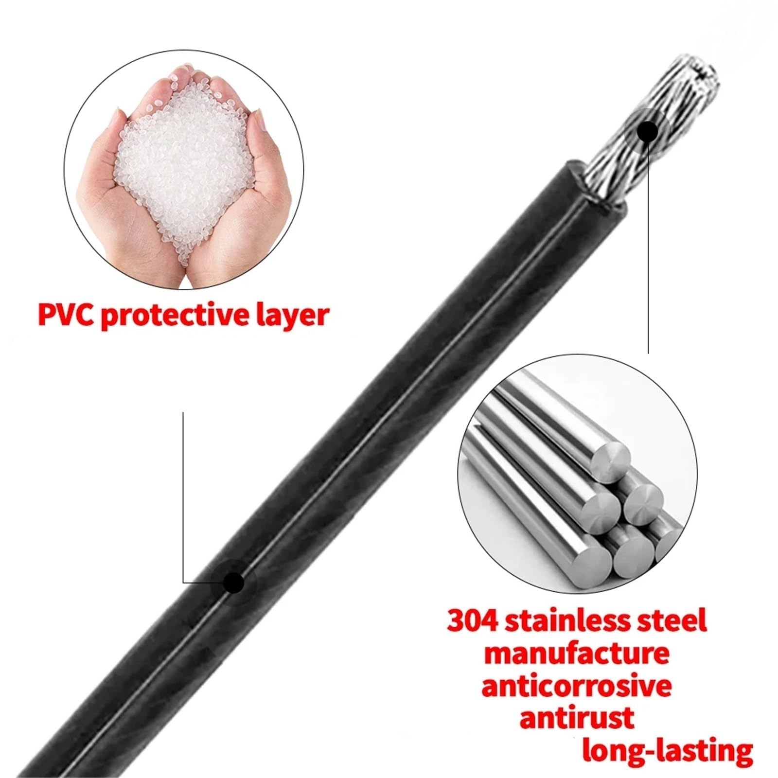 Alambre De Acero Plastificado Cable de acero inoxidable 304 con revestimiento PVC negro 2/3/4/5/6 mm, 50 m, buena resistencia a la corrosión(3.0mm)