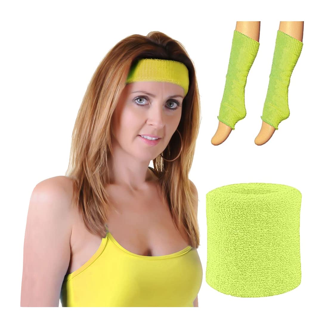Womens Wristbands Headband And Legwarmers Set Ladies 80s Themed Party Sweatbands Fancy Dress Accessory Yellow