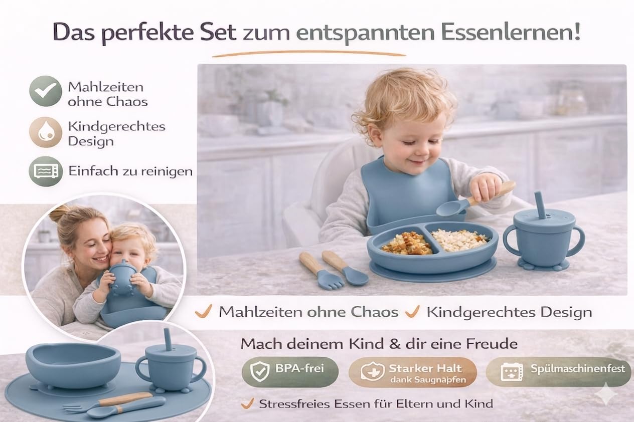 Eliano Set di stoviglie per bambini in silicone da 6 pezzi – piatto antiscivolo, ciotola, bicchiere con cannuccia, forchetta, cucchiaio, bavaglino – lavabile in lavastoviglie, senza BPA, adatto al