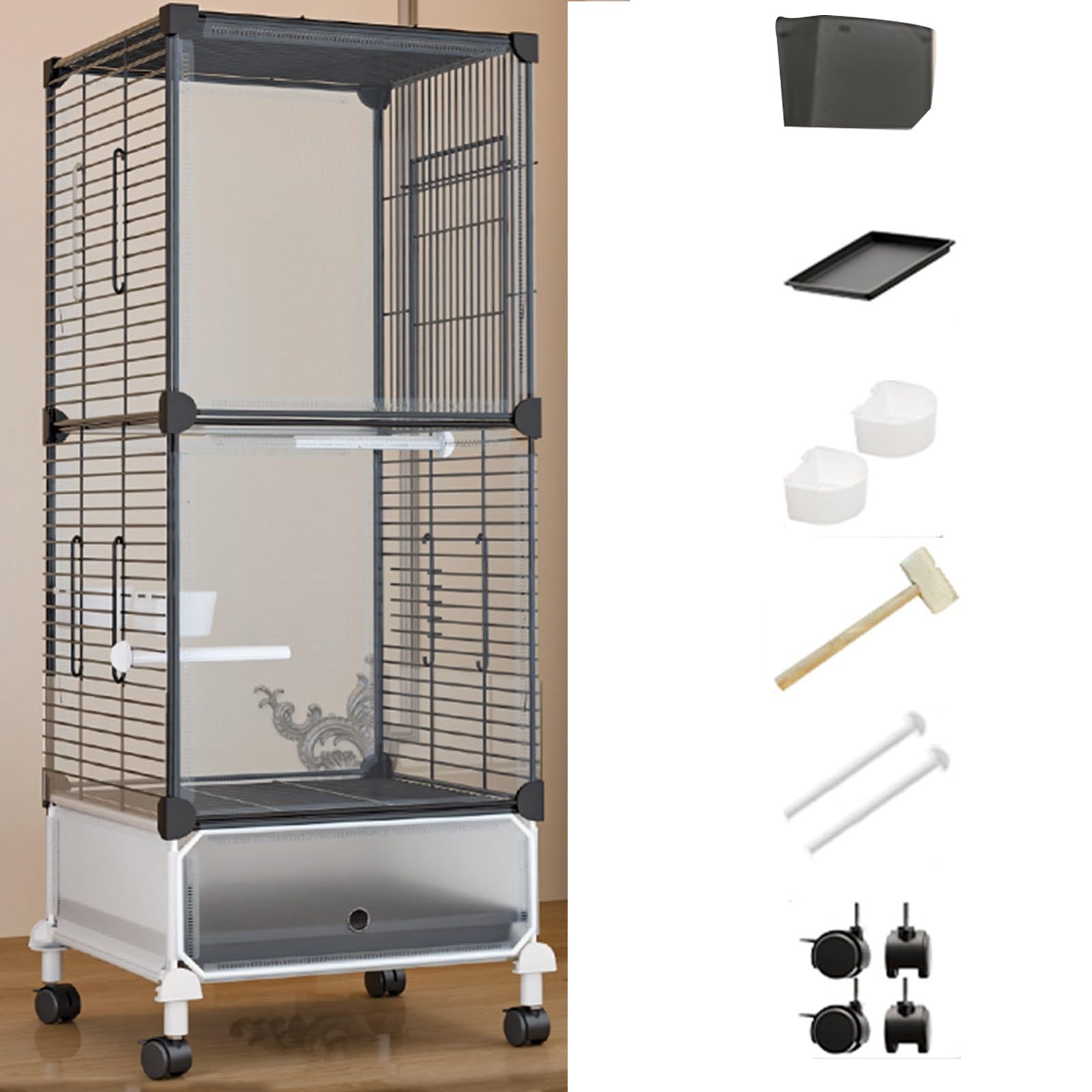 38 Inch Grande Gabbia Voliera Per Uccelli Pappagalli Con Ruote, Doppio Strato Canarini Voliera Per Uccelli Con Vassoio, Interieur Gabbia Uccelli Per Perroquets(Black Transparent,6 piece set)
