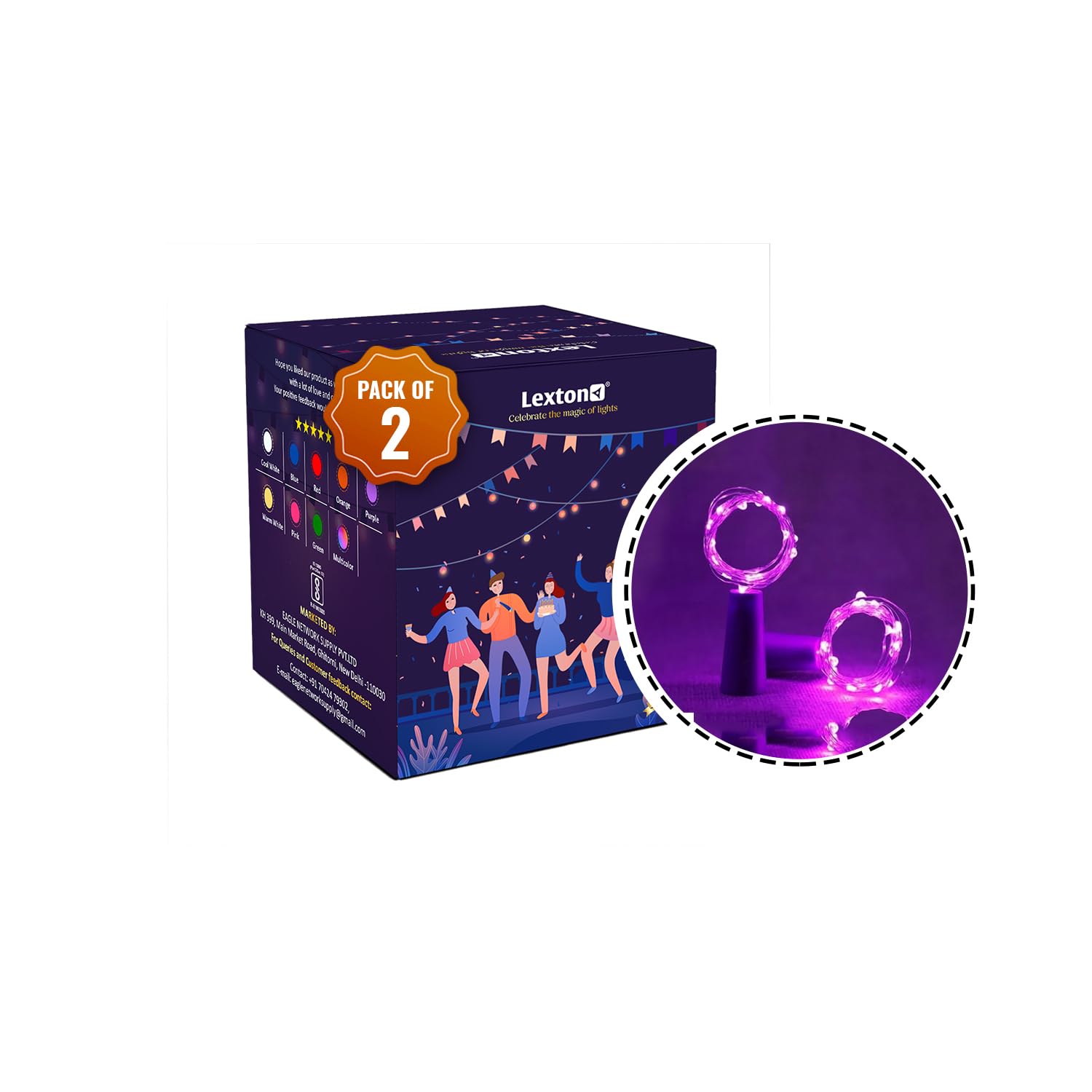 Lexton Cork Light | Bottle Light | Copper String Light | Cork String Light for Home Decor, Birthdays, Party, Diwali (Purple, Pack of 2) Includes Additional 3 Button Cells for Extended Use
