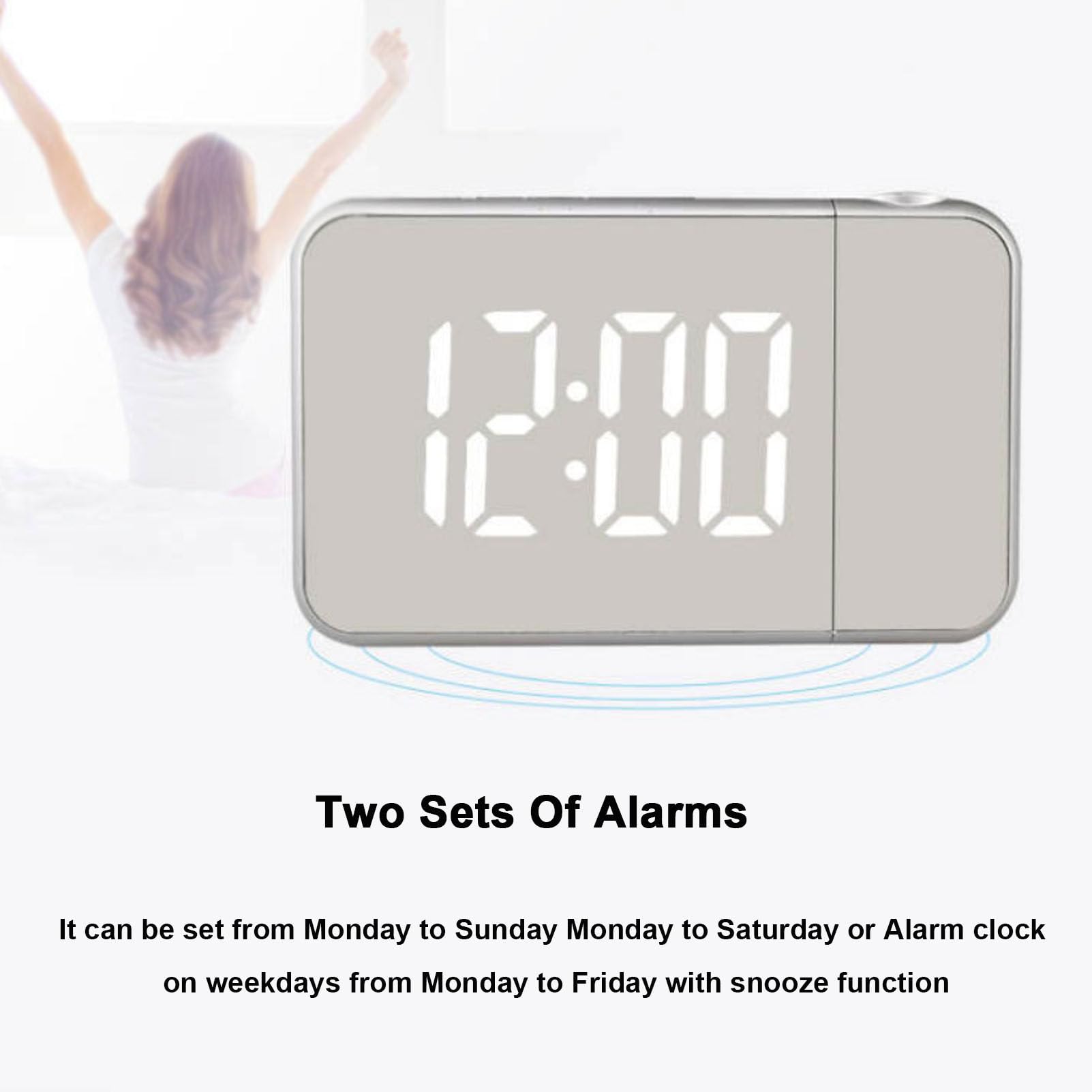 Reloj despertador digital de proyección con pantalla LED, temperatura, repetición, fecha, hora, brillo ajustable de 180°, reloj dual para dormitorio