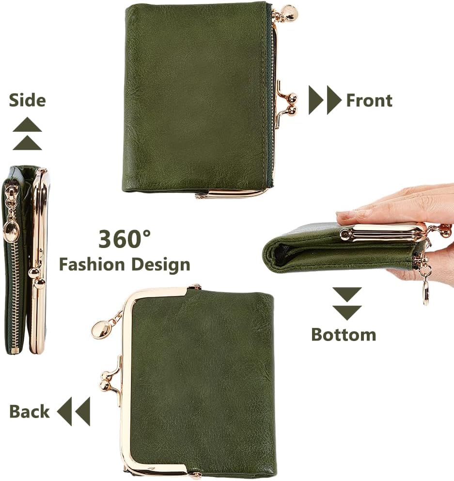 MAYJOYDIY Bifold Leather Wallet Vintage Small Wallet for Women Blocking Compact Wallets Mini Leather Cash Wallets Ladies Coin Purse with Zipper and Kiss Lock, Green - Image 3