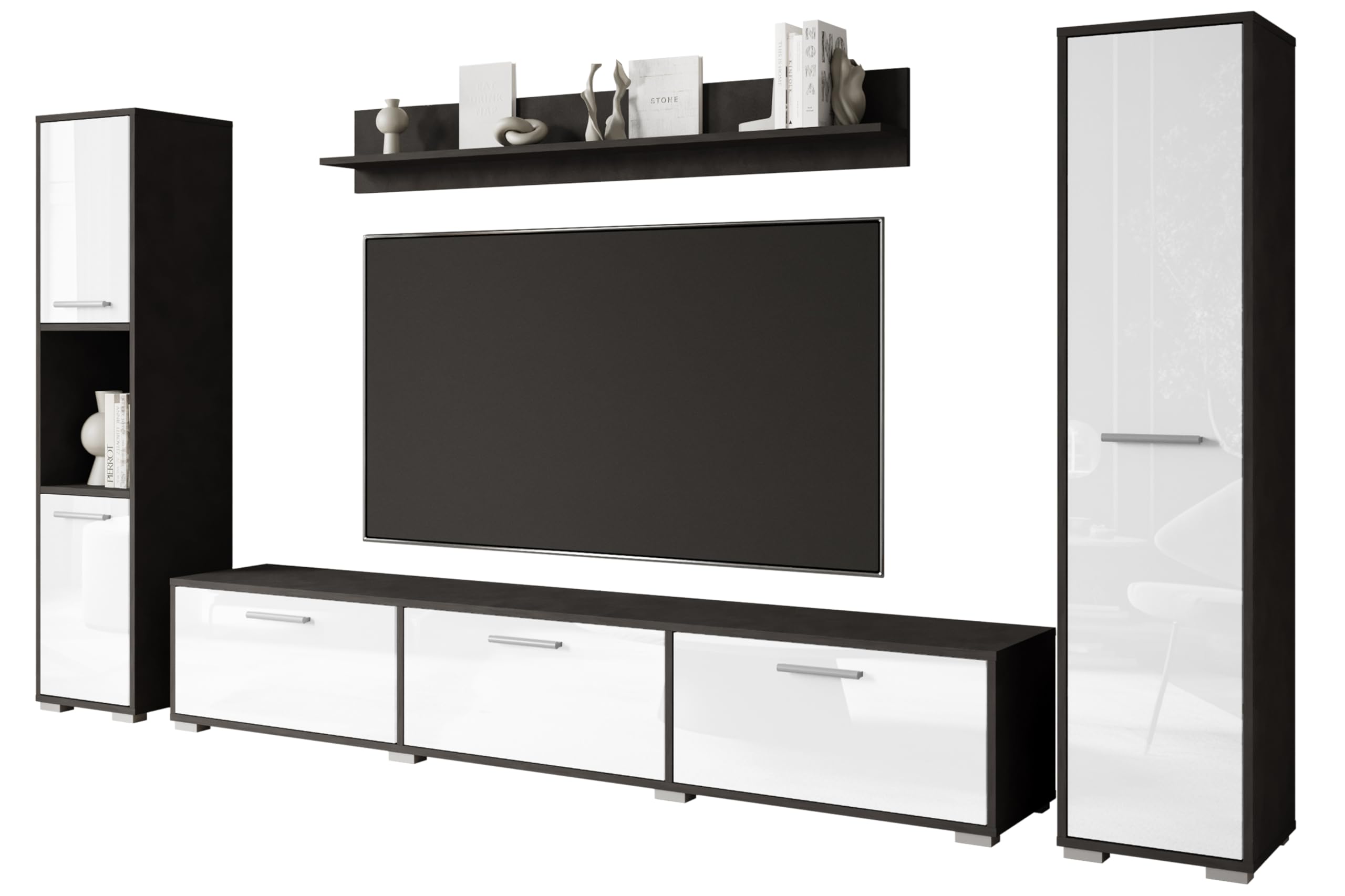MINIO go for it - Wohnwand Wohnzimmer 4-teilig Toga, Wohnzimmer Möbel Set, 1x TV Lowboard, 2X Hochschrank, 1x Wandboard, Wohnzimmermöbel Komplett, Wohnzimmer Set - Farbe Matera/Weiss Hochglanz