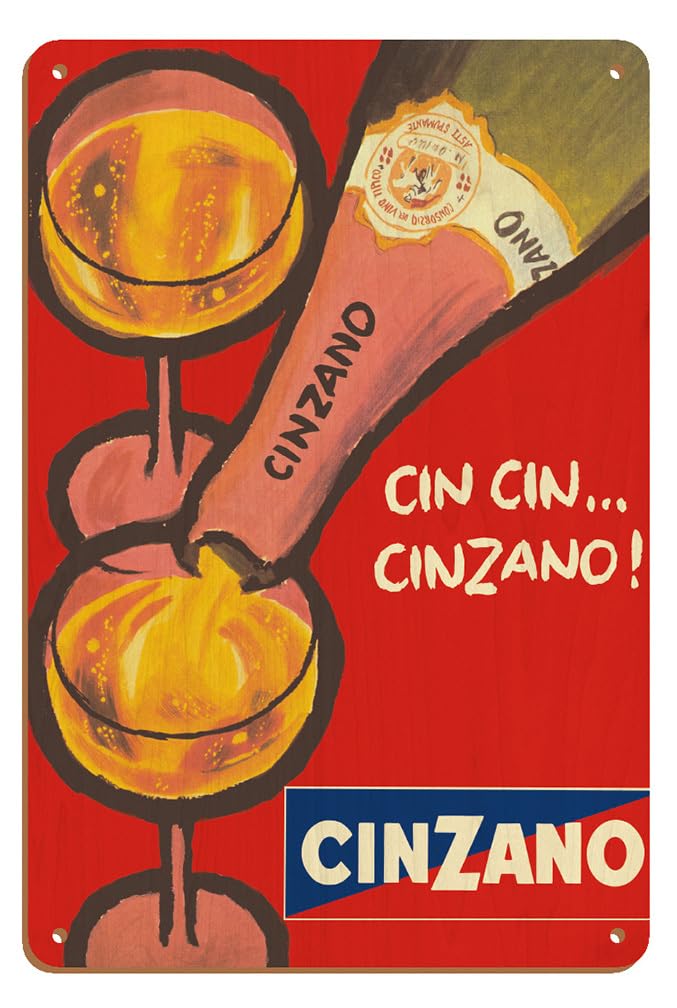 Cin Cin Cinzano - Asti Spumante - włoskie wino musujące - plakat reklamowy vintage ok. 1970-20 x 30 cm vintage drewniany znak artystyczny