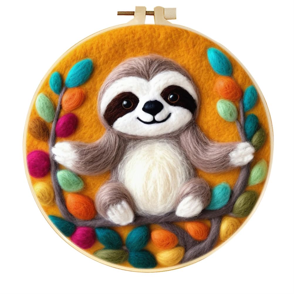 Meecaa Sloth Animal DIY Needle Felting Kit for Beginners, Including Wool Felt Supplies, Embroidery Hoops,Beautiful Wool Painting and Needle Felting Tools (Sloth)