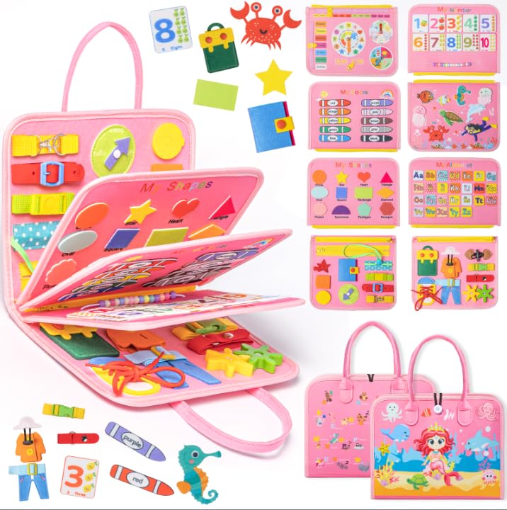 Nicecho Busy Board Montessori Toy for 1 2 3 4 Year Old Toddlers, Educational Activity Developing Sensory Board for Fine Basic Dress Motor Skills, Travel Toys for Plane Car, Gift for Boys Girls