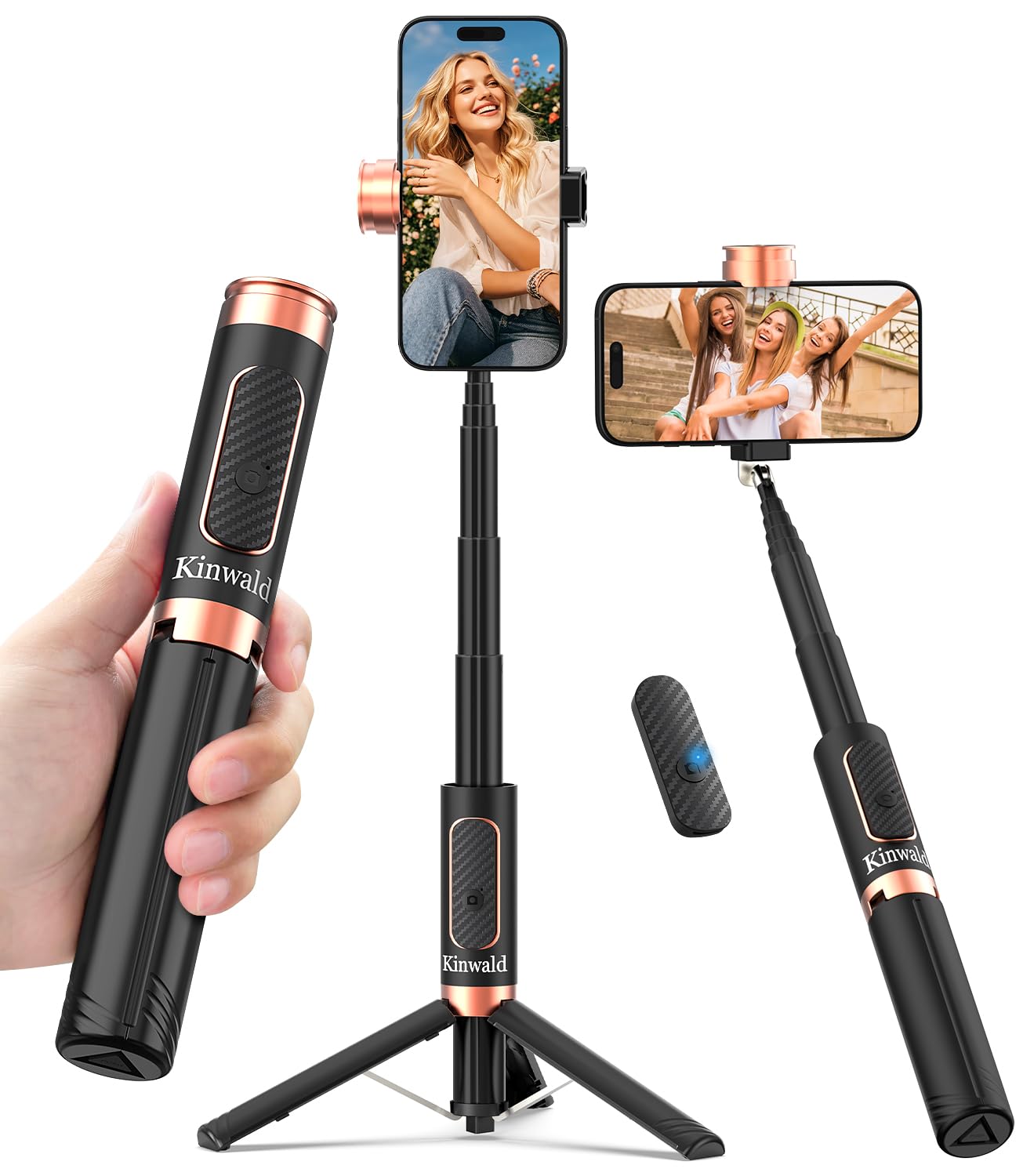 Selfie Stick Tripod for iPhone & Android, Portable Phone Tripod Stand with Bluetooth Remote, One-Click Open, Compact & Lightweight, All-in-1 for Vlog/Travel/Photography (Black)