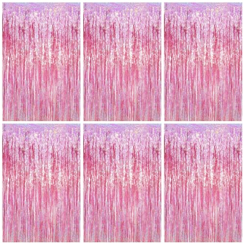 Lot de 6 Rideaux à Franges Métalliques, Rideau Lamé Décoration Fond de Fête pour Anniversaire Mariage Baby Shower EVJF Noël, 1 x 2 m Holographique Rose