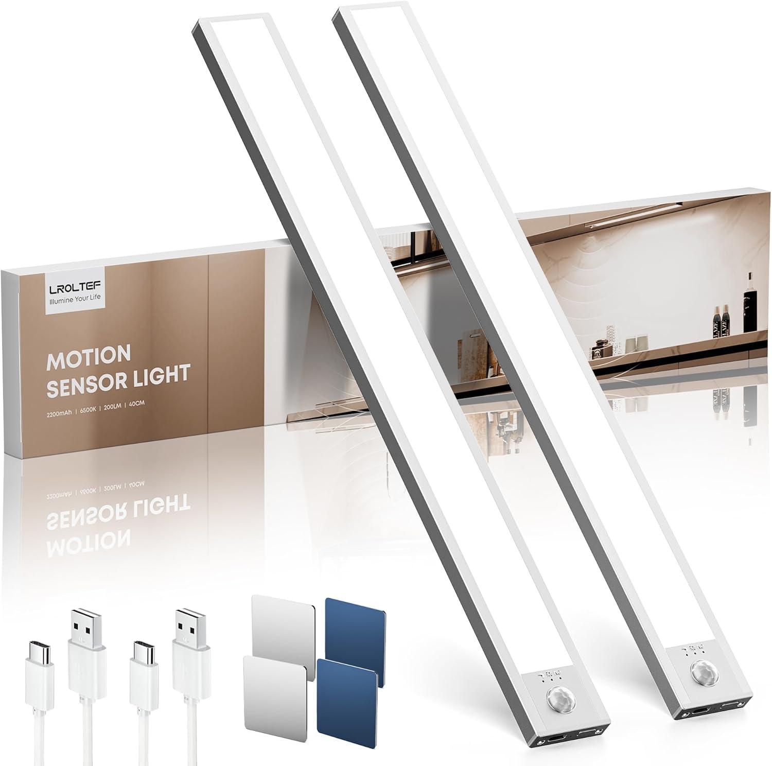 LROLTEF Luce LED Sottopensile Cucina 6500K 40CM Sensore di Movimento per Luci 2200mAh 66 LED Luce Armadio Lampada Dimmerabile per Cucina Scale Soggiorno Bagno Camere da Letto | 2 Pezzi Argento