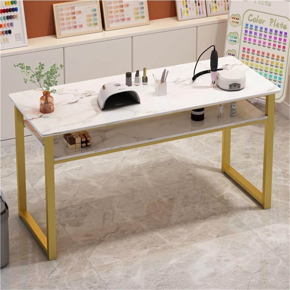 Scrivania portatile per unghie, finitura marmorizzata, con struttura dorata, spazioso tavolo per manicure per salone di bellezza, spa, casa, ufficio, postazione di lavoro per tecnici delle unghie, 120