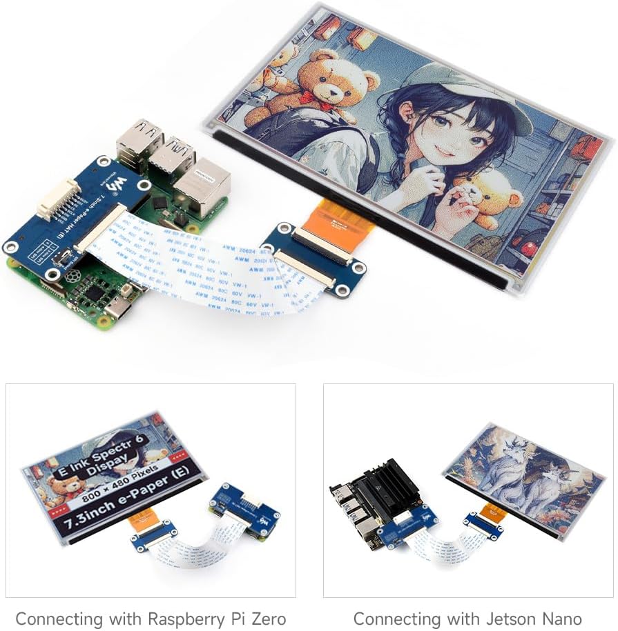 7.3inch E Ink Full Color E-Paper Display Spectra 6 (E6) E-Ink Display Low Power Consumption 800×480 Pixels SPI Communication Optional for E-Paper Driver HAT
