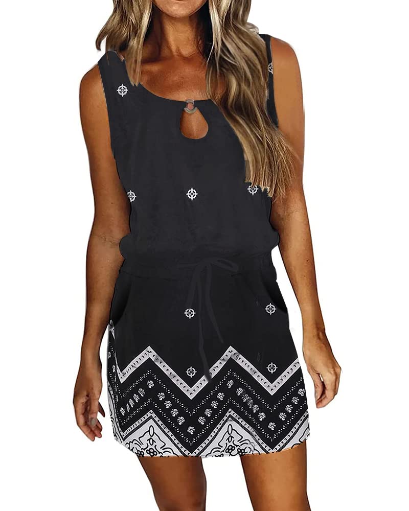 SAUKOLE Womens Summer Causal Loose Sleeveless Crew Neck Drawstring Waist Mini Short Dress with Pockets