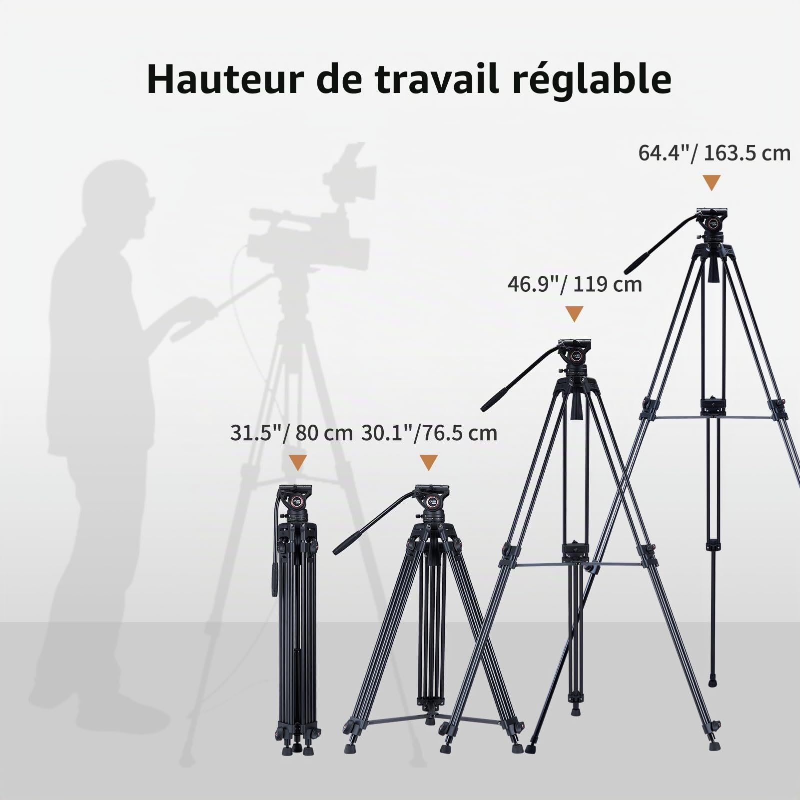 Cayer Trépied vidéo Robuste, 64 Pouces BV30-Caméscope Trépied en Aluminium, Tête Fluide K3, Écarteur de Niveau intermédiaire, Charge maximale 13,2 LB, Prise de Vue DSLR