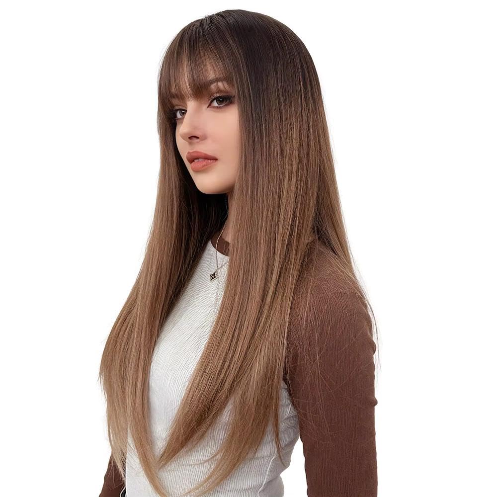 Haarpflege Perücken 66 Cm Lang Glatt Braun Ombré-Stil Mit Pony Hitzebeständige Perücke Für Frauen Mottoparty Täglichen Gebrauch