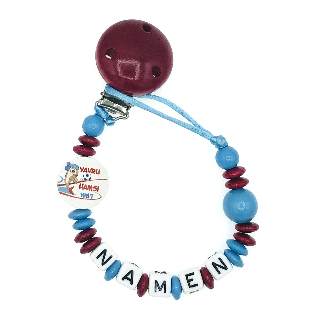Set Nuckelkette + Kinderwagenkette mit Namen " für TRABZONSPOR Fan - YAVRU HAMSI " Skybalu Bordeauxrot/Baby/Unisex/Personalisiert/HANDMADE