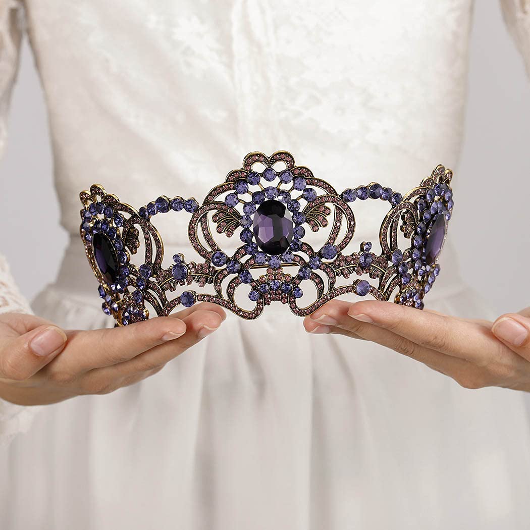 Uranian  Gold Baroque Crowns Purple Crystal Rhinestones Bridal Crowns and Tiaras Wedding Queen Crowns for Women Decorative Princess Tiaras Halloween Hair Accessories for Women and Girls