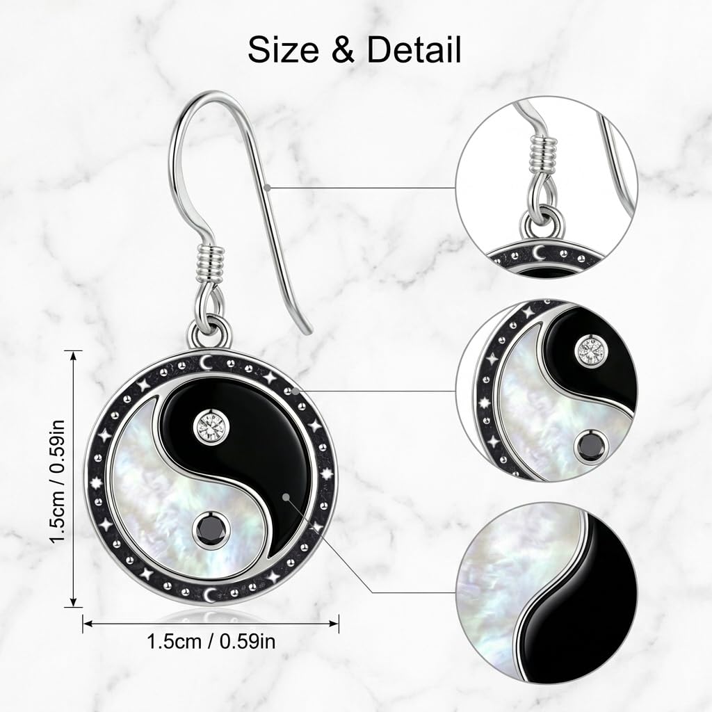 DAYLINLOVE Yin Yang Ohrringe 925 Sterling Silber Schwarze Obsidian Weiß Perlmutt Hänge Ohrringe Yin Yang Amulett Schmuck Geschenk für Damen Frauen Mädchen