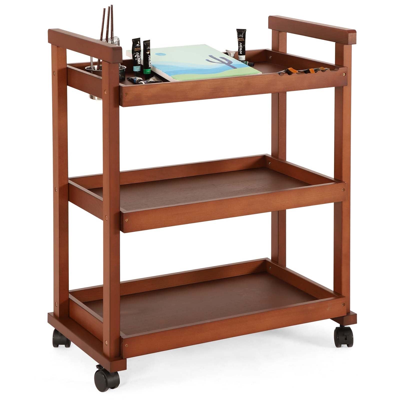 89 cm Großer Künstler- Und Bastelwagen Aus Massivem Buchenholz Mit 4 Rollen, Multifunktionaler Rollwagen Für Atelier, Klassenzimmer Und Künstlerbedarf, Braun
