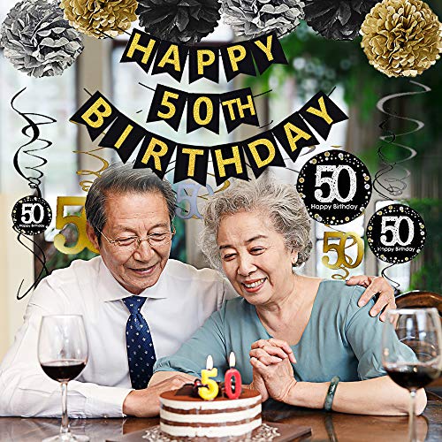 Famoby Black & Gold Glittery Happy 50Th Birthday Banner,Poms,Sparkling 50 Hanging Swirls Kit For 50Th Birthday Party 50Th Anniversary Decorations Supplies #TOP1