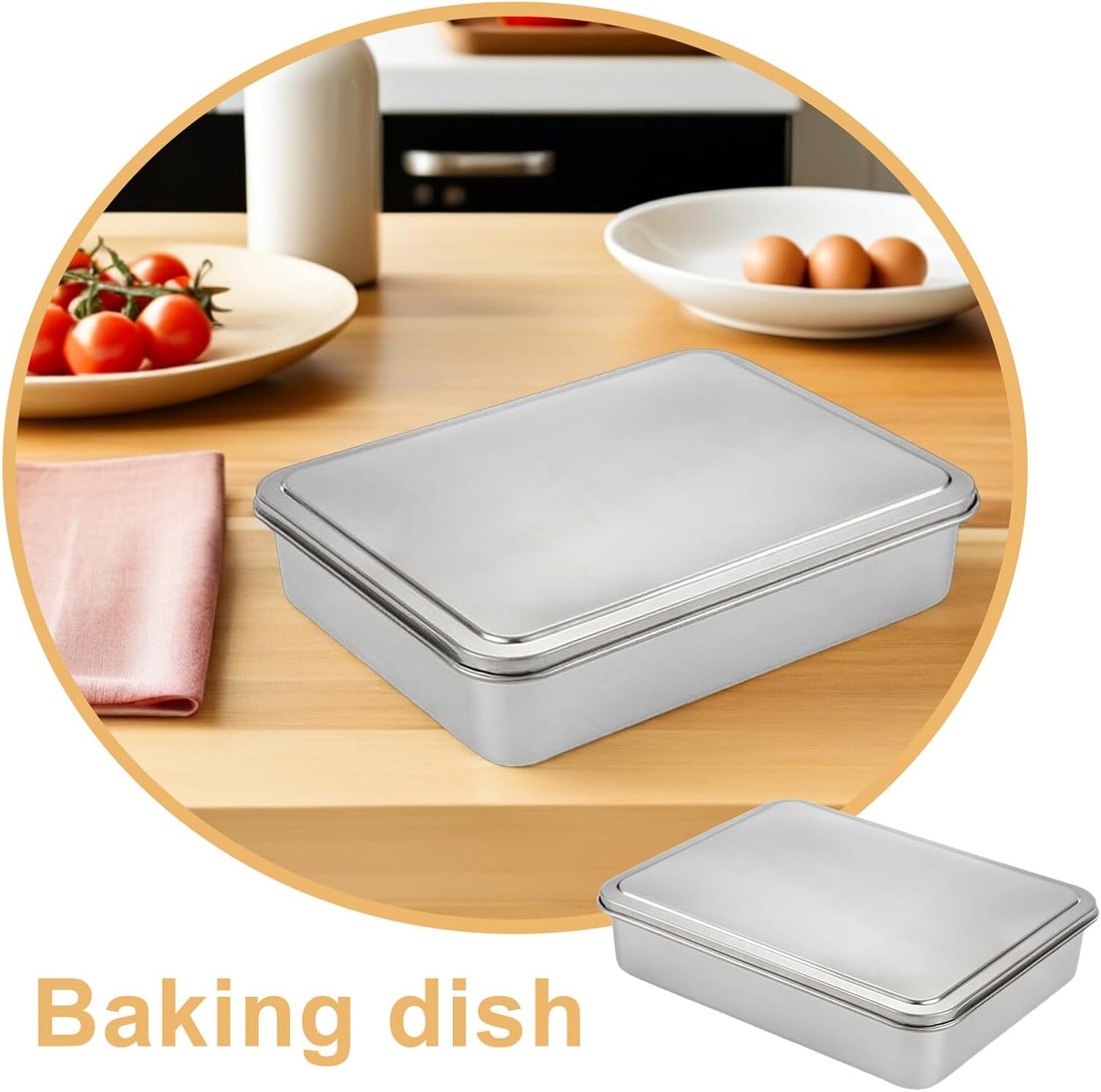 DOITOOL Stainless Steel Cake Pan with Lid 11x13 Inch Nonstick Rectangular Metal Baking Pan for Cakes Tiramisu Casseroles Brownies Breads Fish Vegetables - Image 3