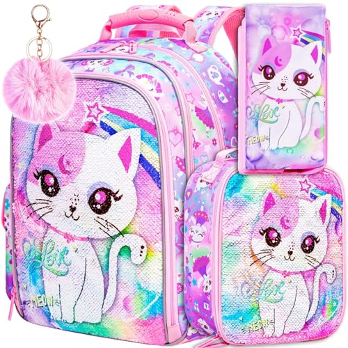KLFVB 3PCS Cat Uni Dinosaur Backpack for Girls and Boys, 16