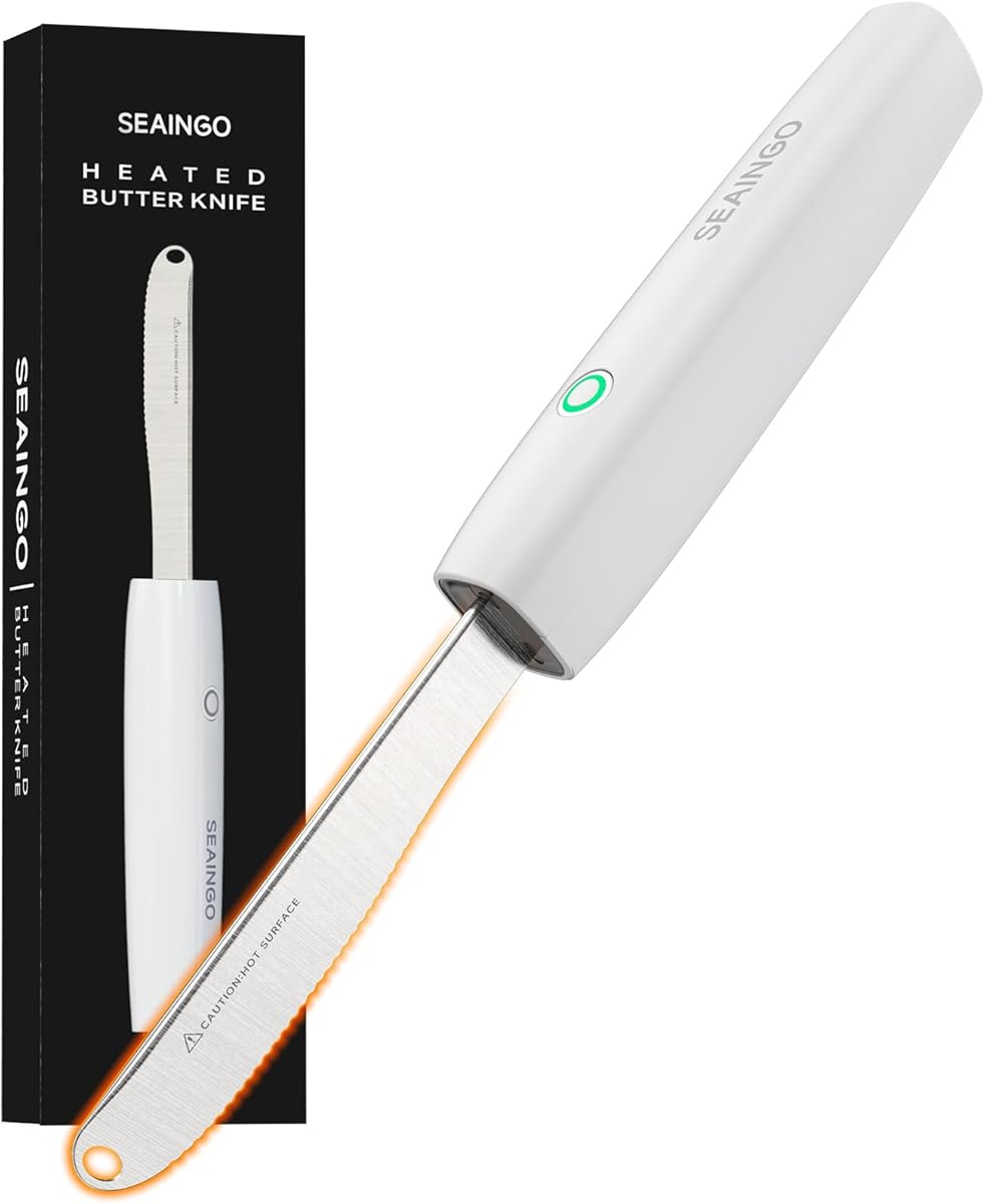 SEAINGO Heating Butter Knife Spreader - Rechargeable, Electric, Cordless, Heats up in 6 Seconds, Nonstick Stainless Steel Blade, ON/OFF Safety Lock Switch, 2 Warming Mode Can Quickly Melt Cold Hard