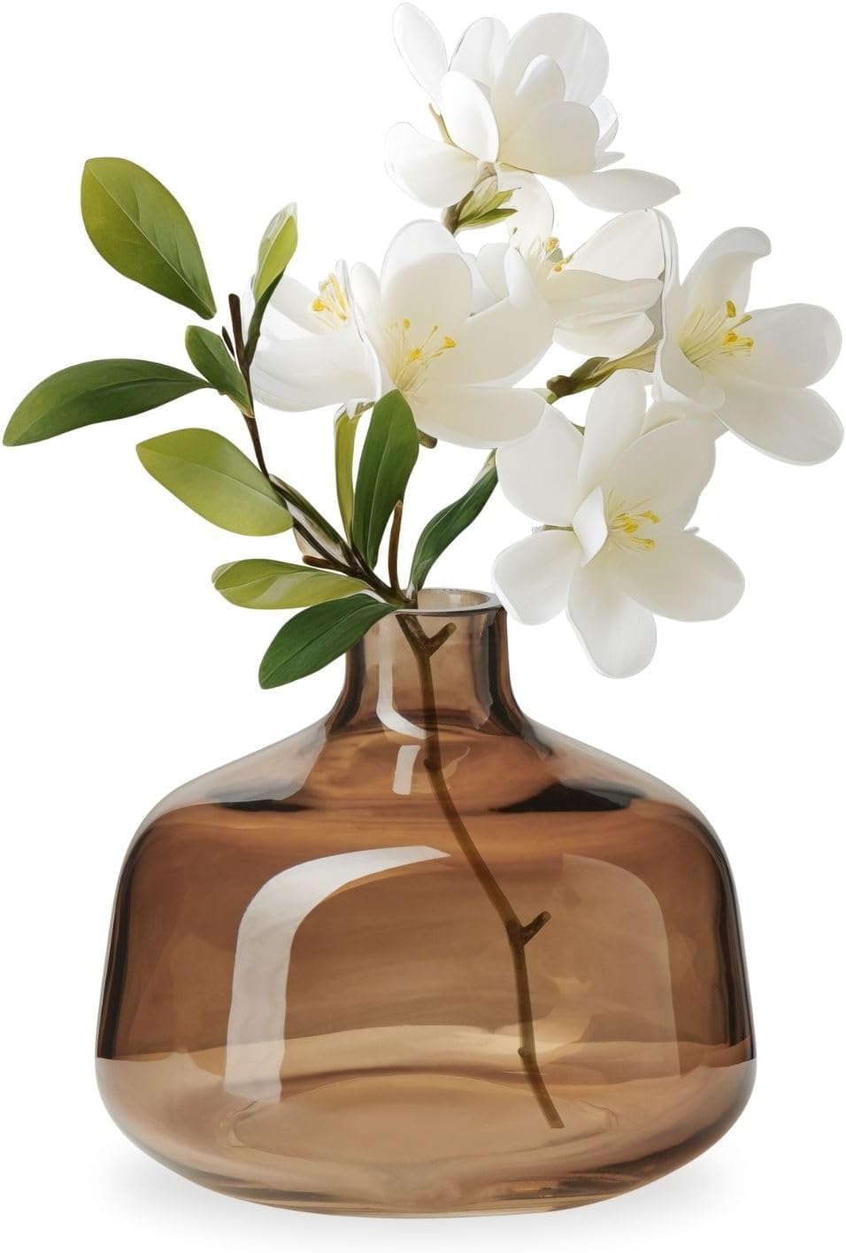 Torre & Tagus Belle Mouth Blown Art Glass Vase for Flowers - 4" Tall Clear Light Brown Colorful Vase, Handmade Small Brown Vase for Home Decor, Brown Bud Vase as Decorative Shelf Decor or Wedding