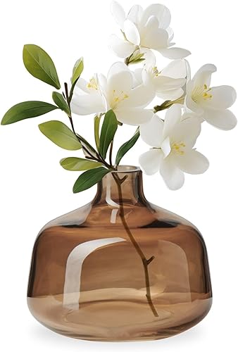 Torre & Tagus Belle - Jarrón de vidrio soplado para flores, florero colorido marrón claro transparente de 4 pulgadas de alto, pequeños jarrones