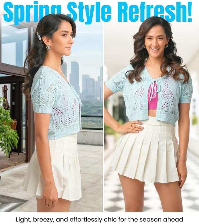 Women’s Crochet Cardigan Small Size | Light Weight Short Sleeve Cardigan for Women | Beautiful Aqua Color with Viscose & Nylon Fabric Blend | Front Bow Tie Closure for Casual Wear & More - Image 4