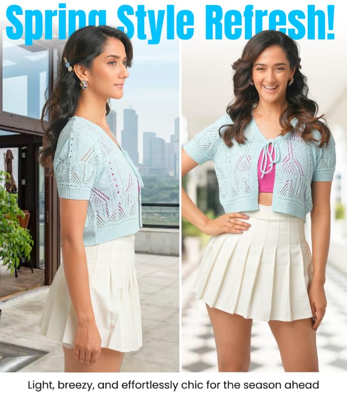 Image of Women's Crochet Cardigan Large Size | light weight Short Sleeve Cardigan For Women | Beautiful Aqua Color with Viscose & Nylon Fabric Blend | Front Bow Tie Closure For Casual Wear & More