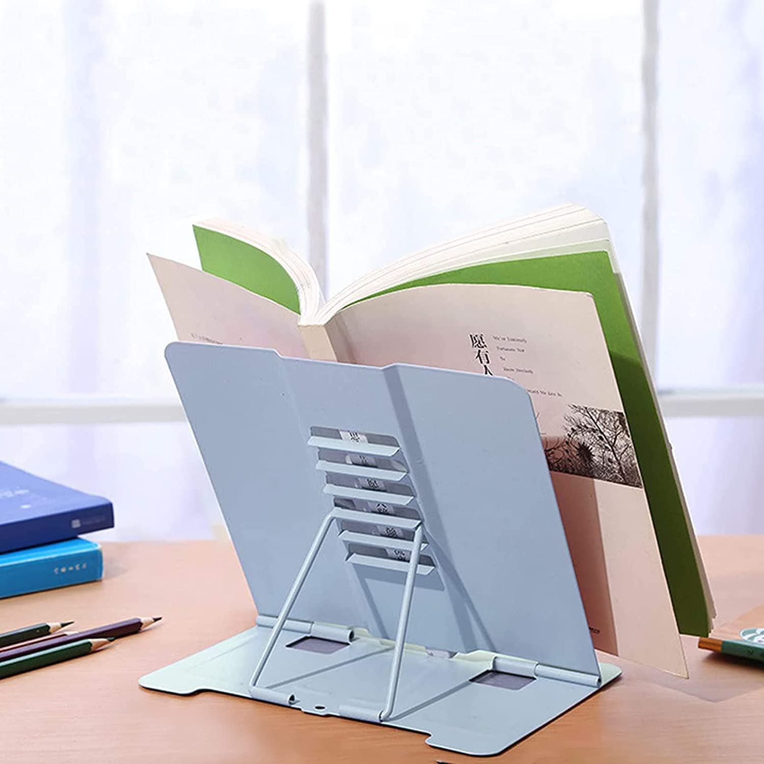 SYOSI Adjustable Book Stand, Metal Reading Rest Book Holder Adjustable Cookbook Documents Holder Portable Sturdy Bookstands for Recipes Textbooks Tablet Music Books with Page Clips (Reading Holder)