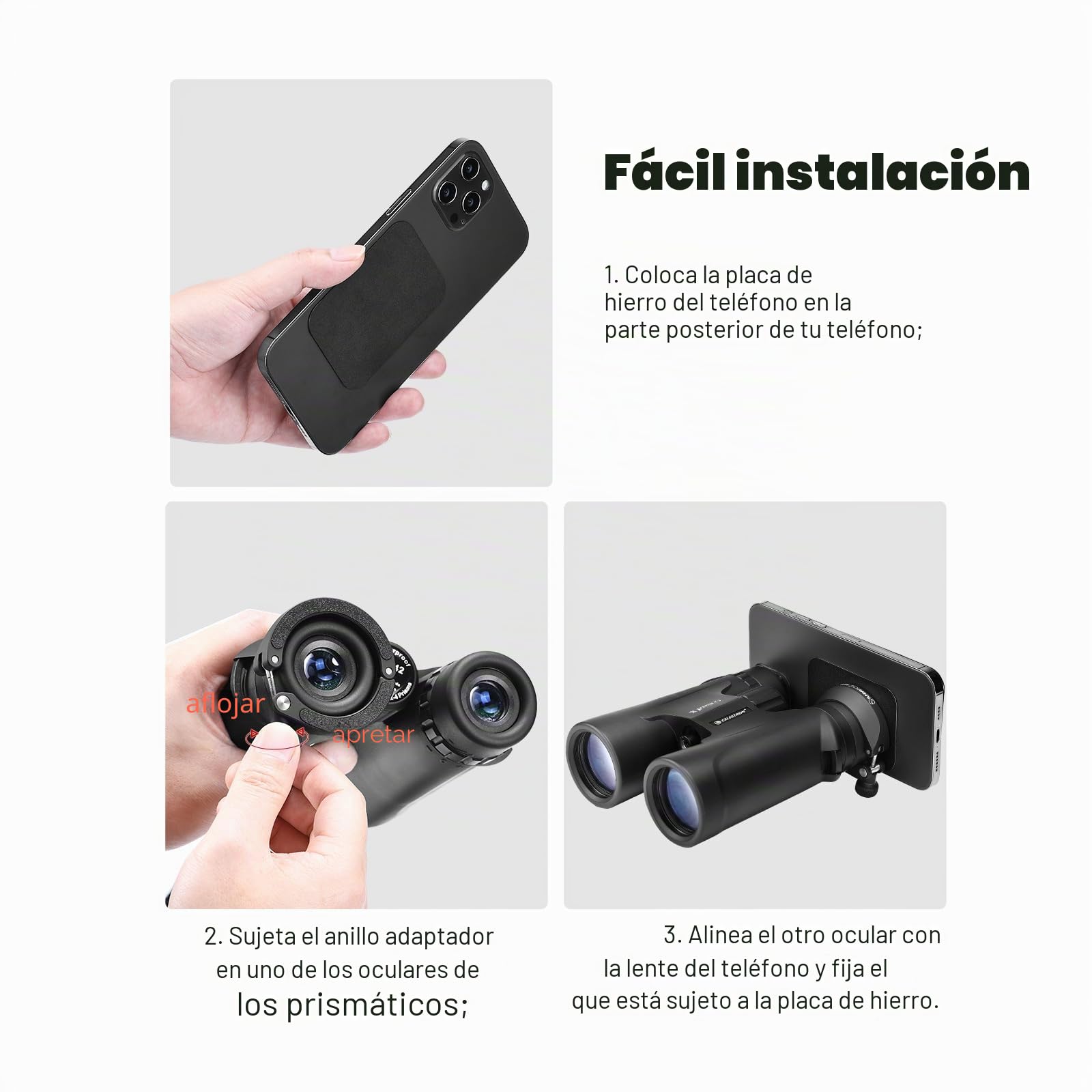 SUNWAYFOTO BA-43 - Adaptador de teléfono móvil para binoculares, soporte universal para smartphone para binoculares, compatible con ocular de diámetro exterior de 38 a 45 mm
