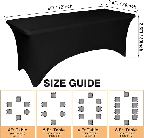 Miniatura 3 de Paquete de 2 manteles de elastano negro de 6 pies para mesas rectangulares, ajustado y elástico, lavable, resistente a las arrugas, perfecto para