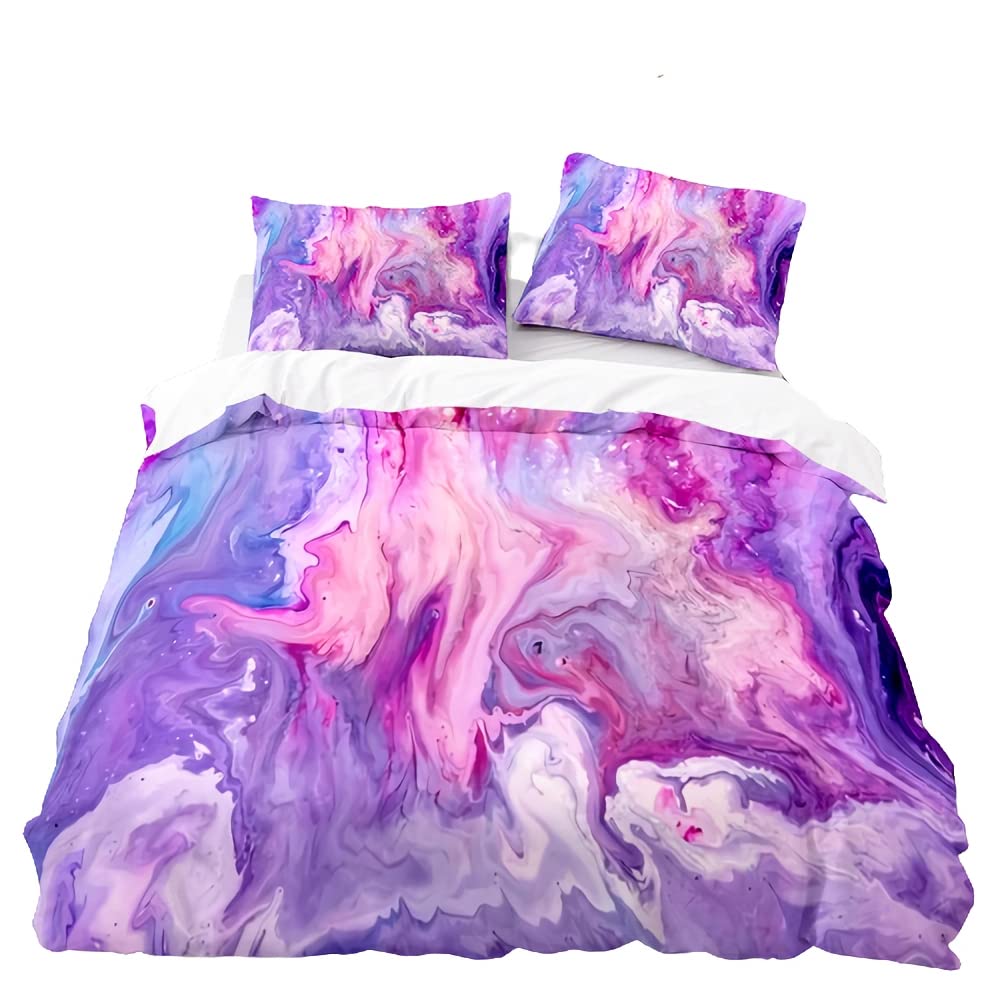 Housse de couette 200x200 motif marbre violet parure de lit microfibre 3 pièces