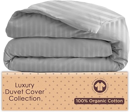 Tissaj Colección de lujo – Funda de edredón tamaño Queen – 100% algodón orgánico certificado GOTS – Tejido satinado – Rayas damasco color gris nube