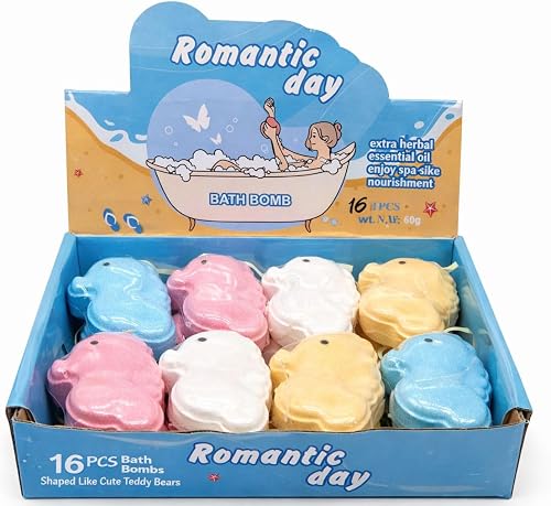 Romantic Day Teddy Bear Bath Bombs, 16 Pcs, Extra Herbal Essential Oil, Spa Nourishment, 60g Each