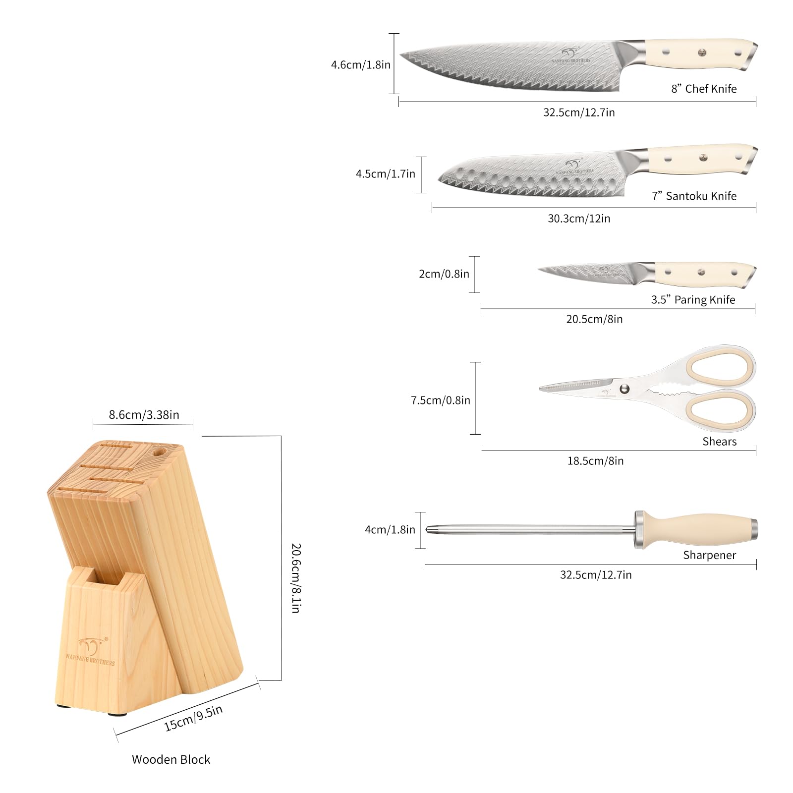 Nanfang Brothers Professional knife Damascus knife Holder Wood Set de 6 pièces Damascus Kitchen knife set set Set de couteaux de cuisine en acier inoxydable chef knife Holder avec couteau pointu