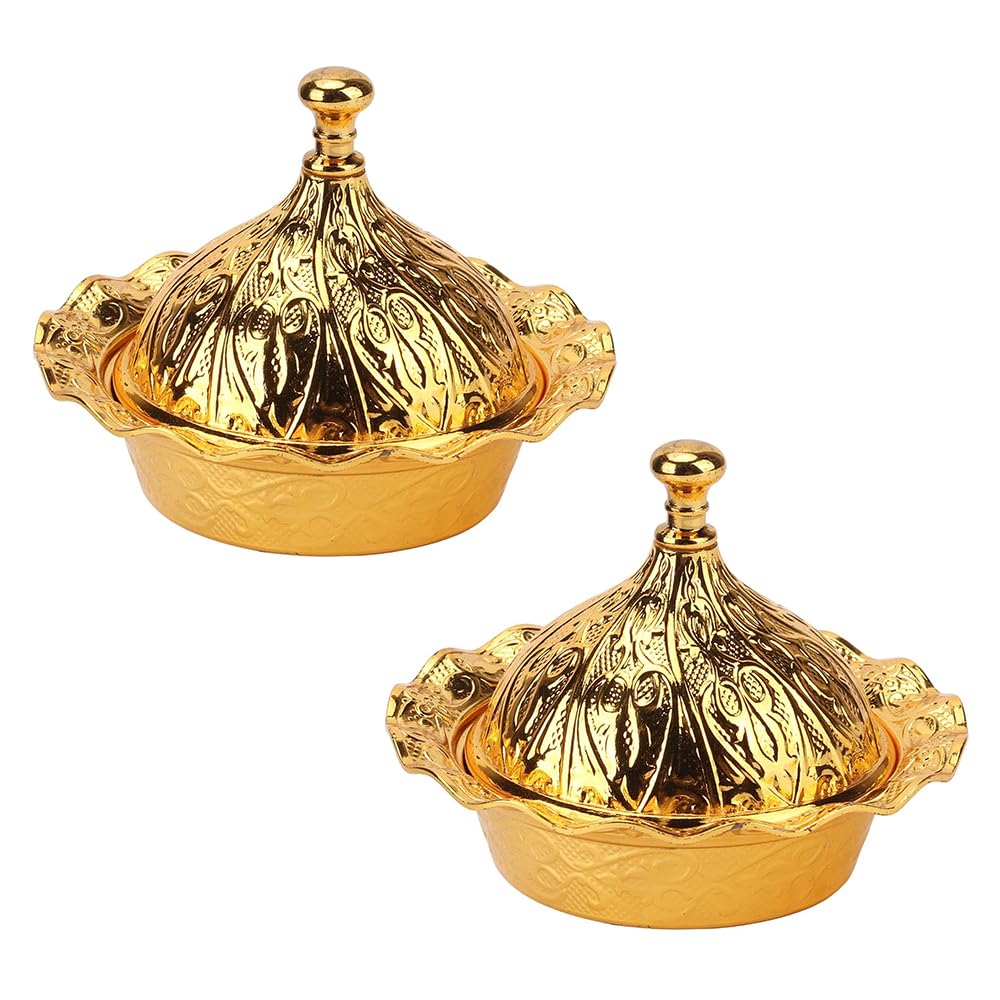 2 Stück Goldene Bonbonschale mit Deckel 9×7 cm Vintage Goldene Blumenprägung Dekorative Bonbonschale Türkisches Zuckerdose für Buffet, Party, Hochzeit, Heimdekoration